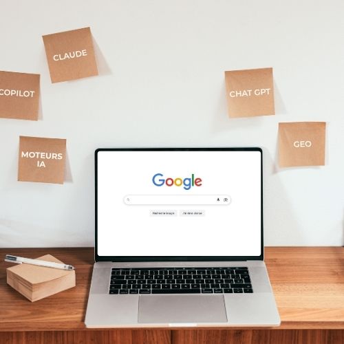 mockup pour article de blog apparaitre dans chatgpt - laptop sur bureau avce recherche google et post-it avec les noms des IA